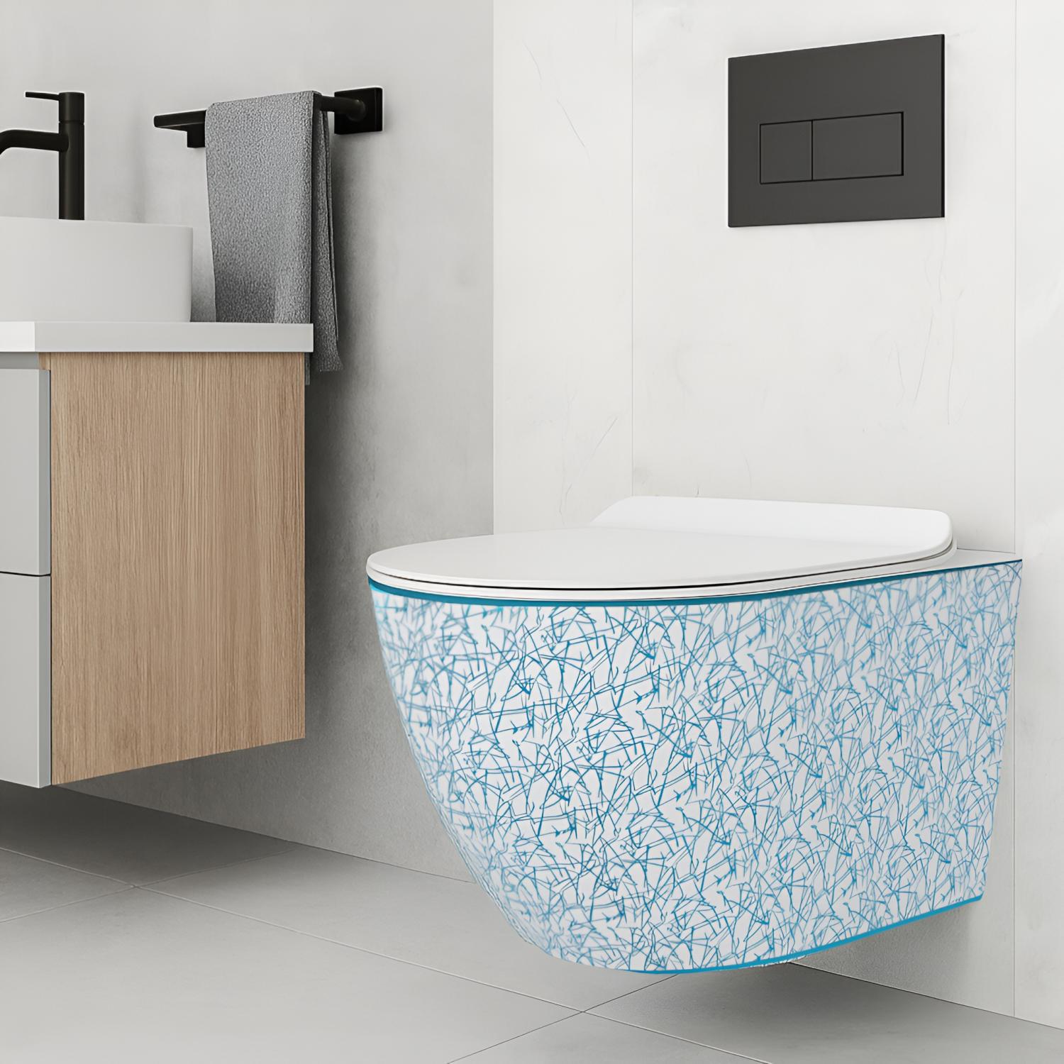 Wand-WC SOFI SLIM KRESZ mit blauem Dekor und weißem Slim-Sitz