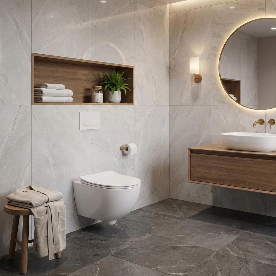 Wand-WC BRAVA - randloses Design mit Slim-Sitz und RIM+ im Badezimmer