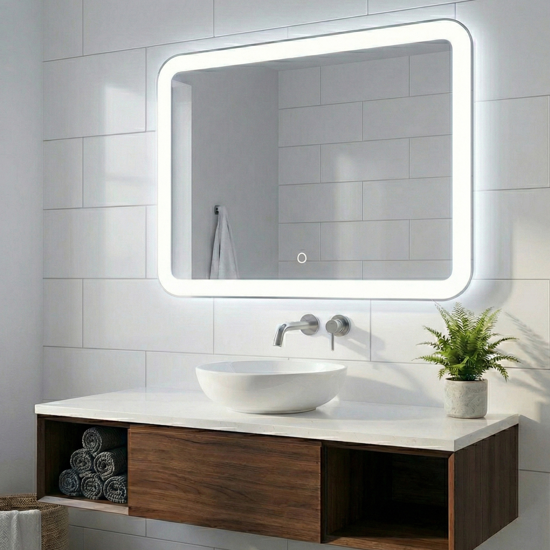 Hängespiegel IRIS 80 x 60 cm – rechteckig, weiße LED-Beleuchtung, Touch-Schalter, IP44
