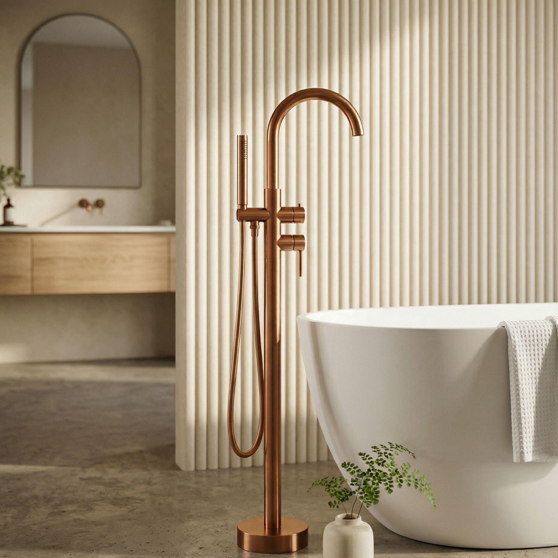 Freistehende runde Badewannenarmatur Orion Brushed Copper