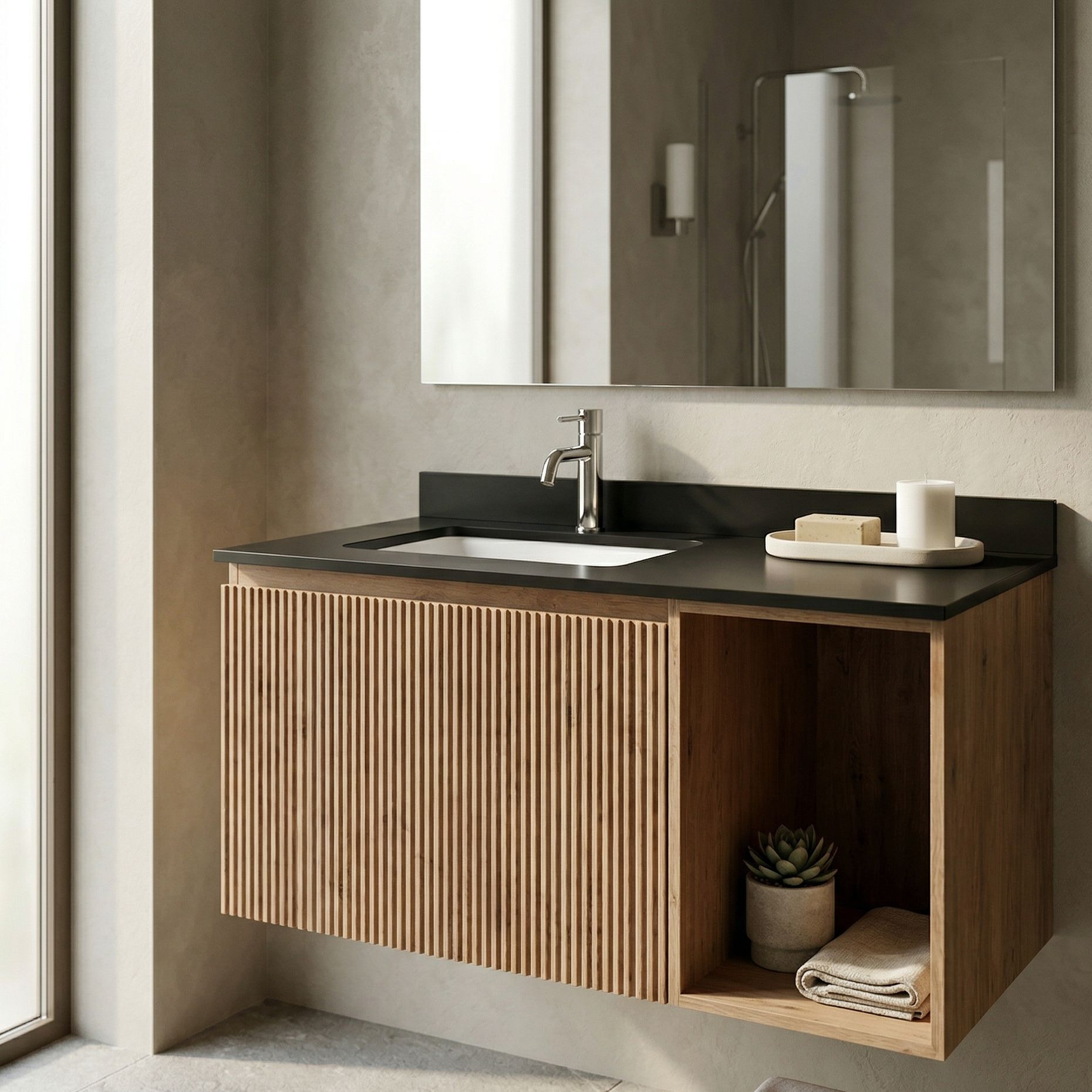 Wandhängender Badschrank mit Platte und Waschbecken Kent Wood 900