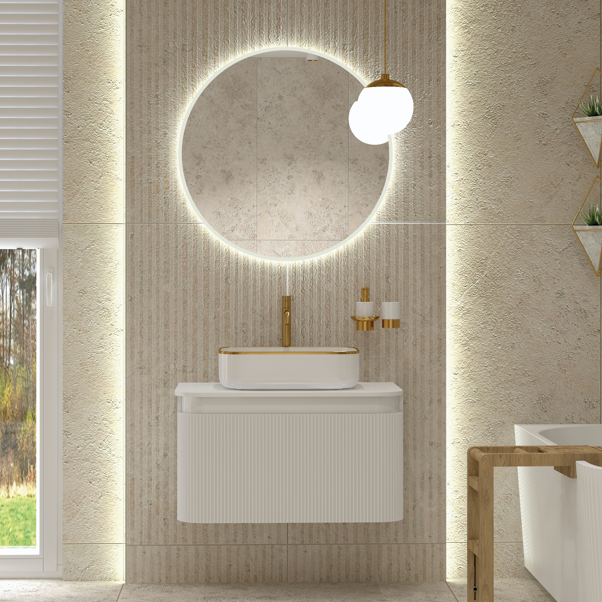 H&auml;ngender Waschtischunterschrank Vermont White 800 mit Lamellenfront und Platte